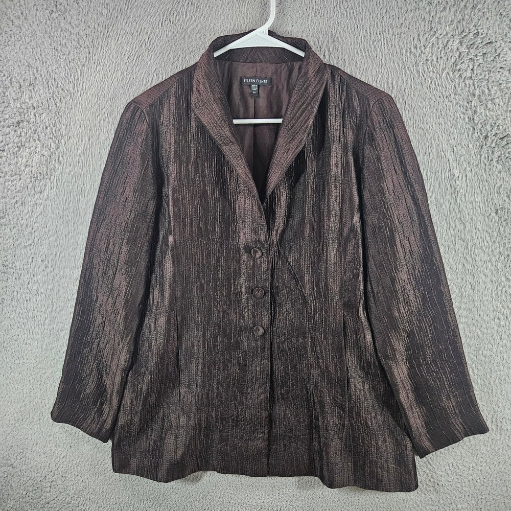 Eileen Fisher Silk Crinkle Blazer Jacket Espresso Brown Textured Womens XS